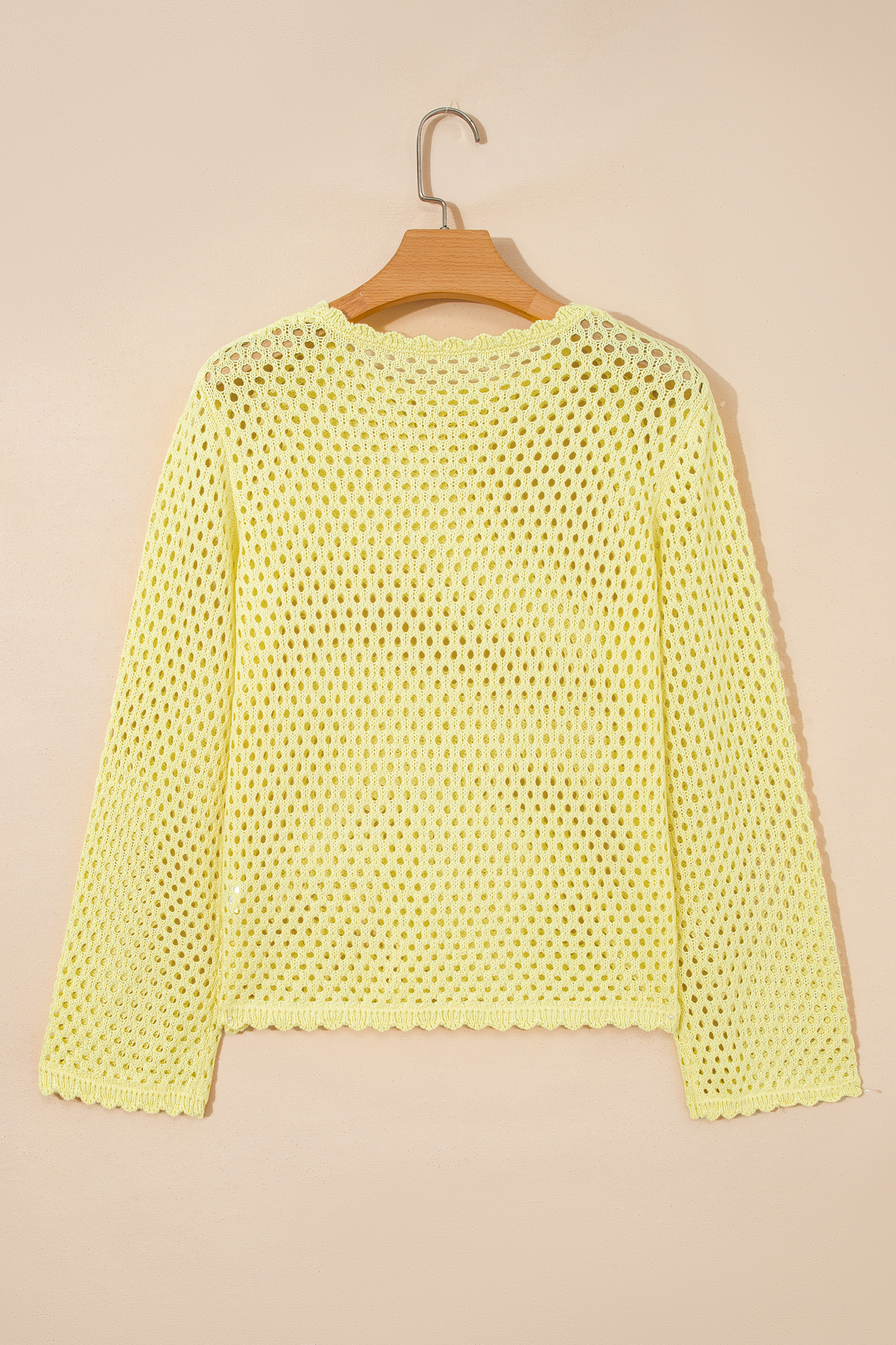 Women's Hollow Out Knit Long Sleeve Top – Lightweight Scalloped Trim Crochet Sweater, Stylish Casual Gift - Detail View 6