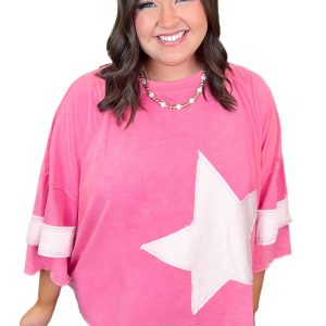 Plus Size Women's Pink Star Patched Colorblock Raw Edge Tee - Casual Bracelet Sleeve - Main View