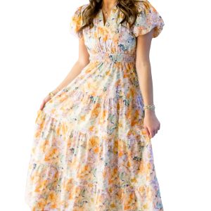 Women's Orange Floral Maxi Dress – Puff Sleeve V Neck Long Dress with Pockets, Casual Summer Wedding Guest Outfit - Main View