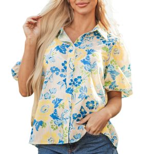 Women's Blue Floral Striped Mixed Print Puff Short Sleeve Blouse - Main View