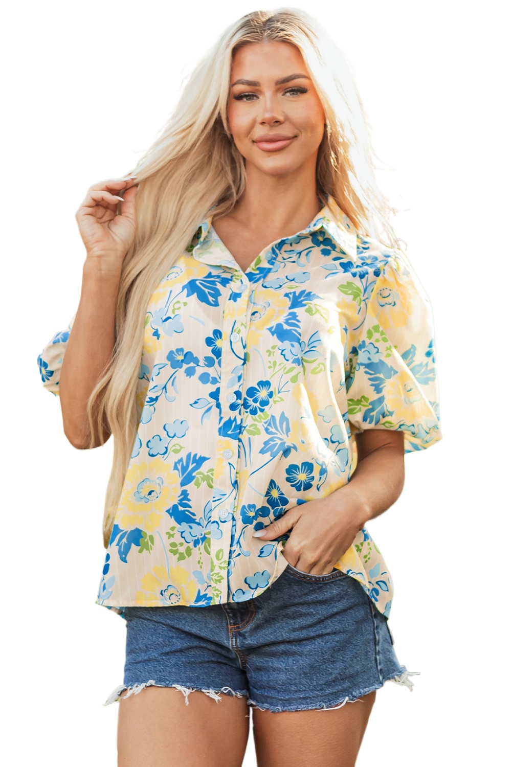 Women's Blue Floral Striped Mixed Print Puff Short Sleeve Blouse - Main View