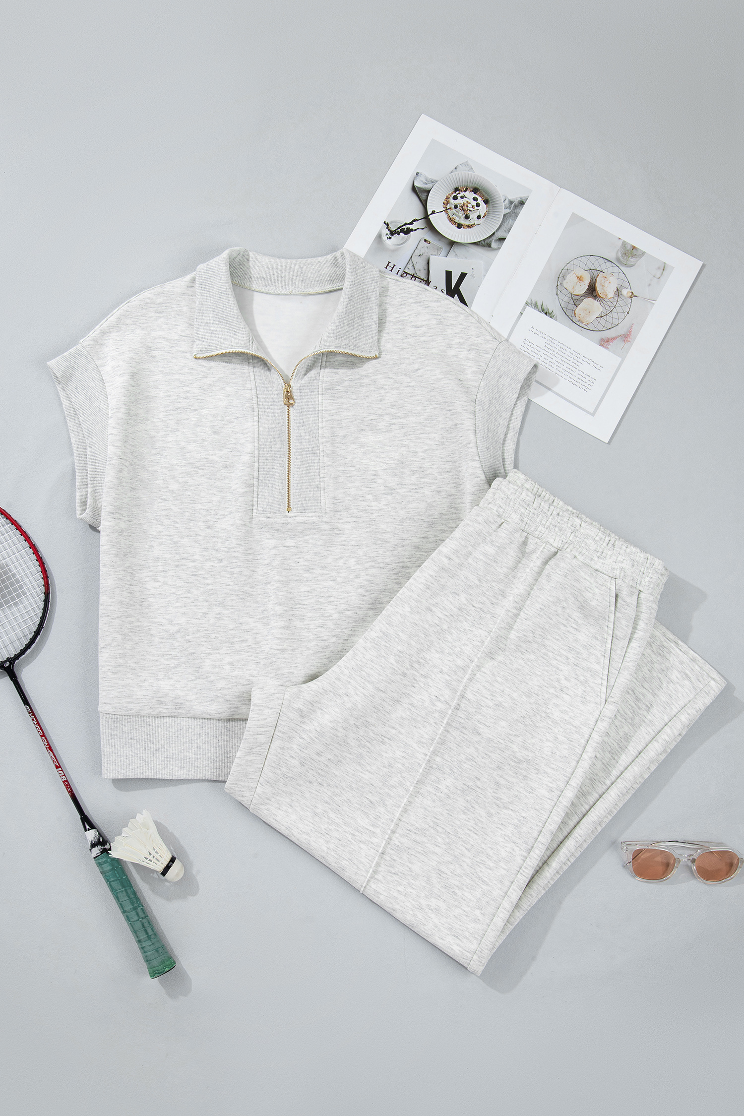 Short Sleeve V-Neck Polo Top and Long Pants – Comfortable Active Lounge Set for Women - Detail View 2