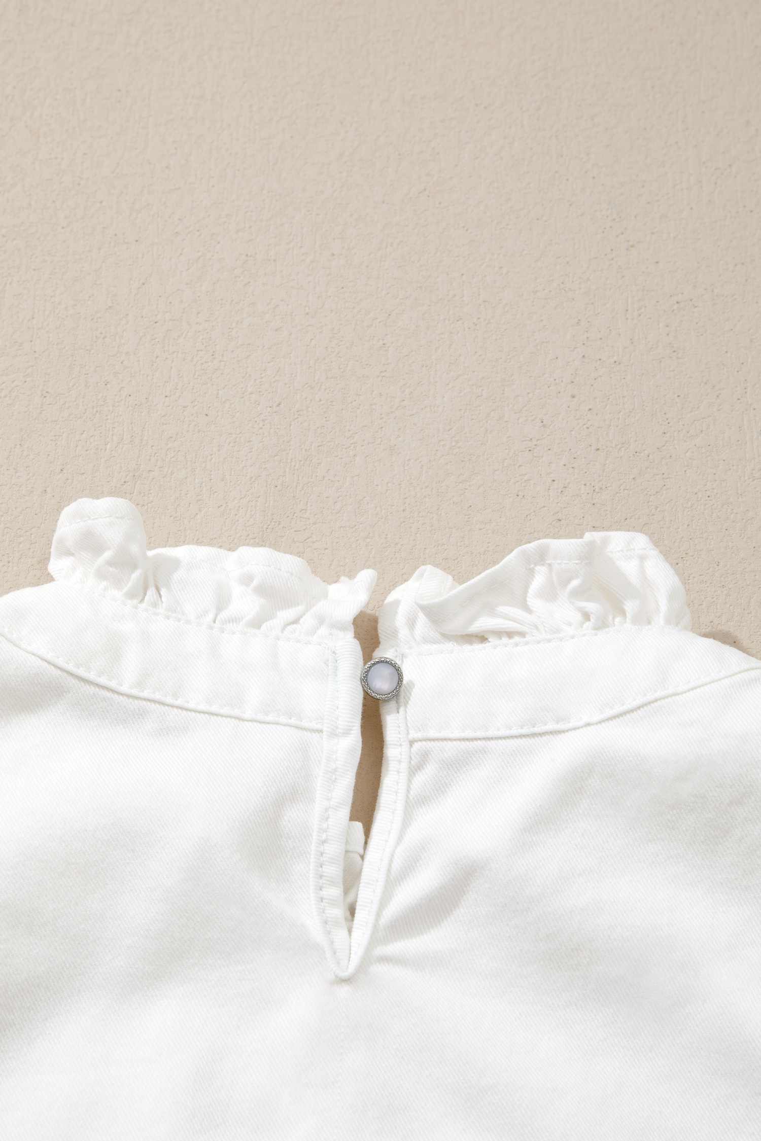 Women's White Denim Flutter Sleeve Top – Elegant Round Neck Blouse with Raw Hem for Daily Wear - Detail View 7