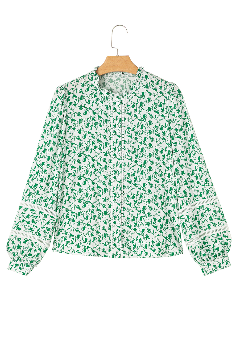Chic Casual Fall Blouse: Puff Sleeves and Lace Accents in Green Floral Design - Detail View 11