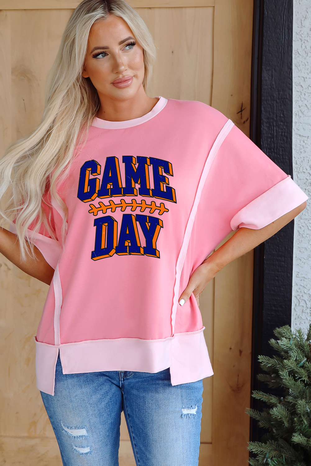 Women's Peach Blossom GAME DAY Graphic Tee - Casual Raw Seam Color Block Design - Detail View 5