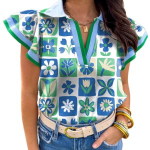 Women's Green Floral Plaid Colorblock Trim Collar Flutter Sleeve Blouse for Summer - Main View