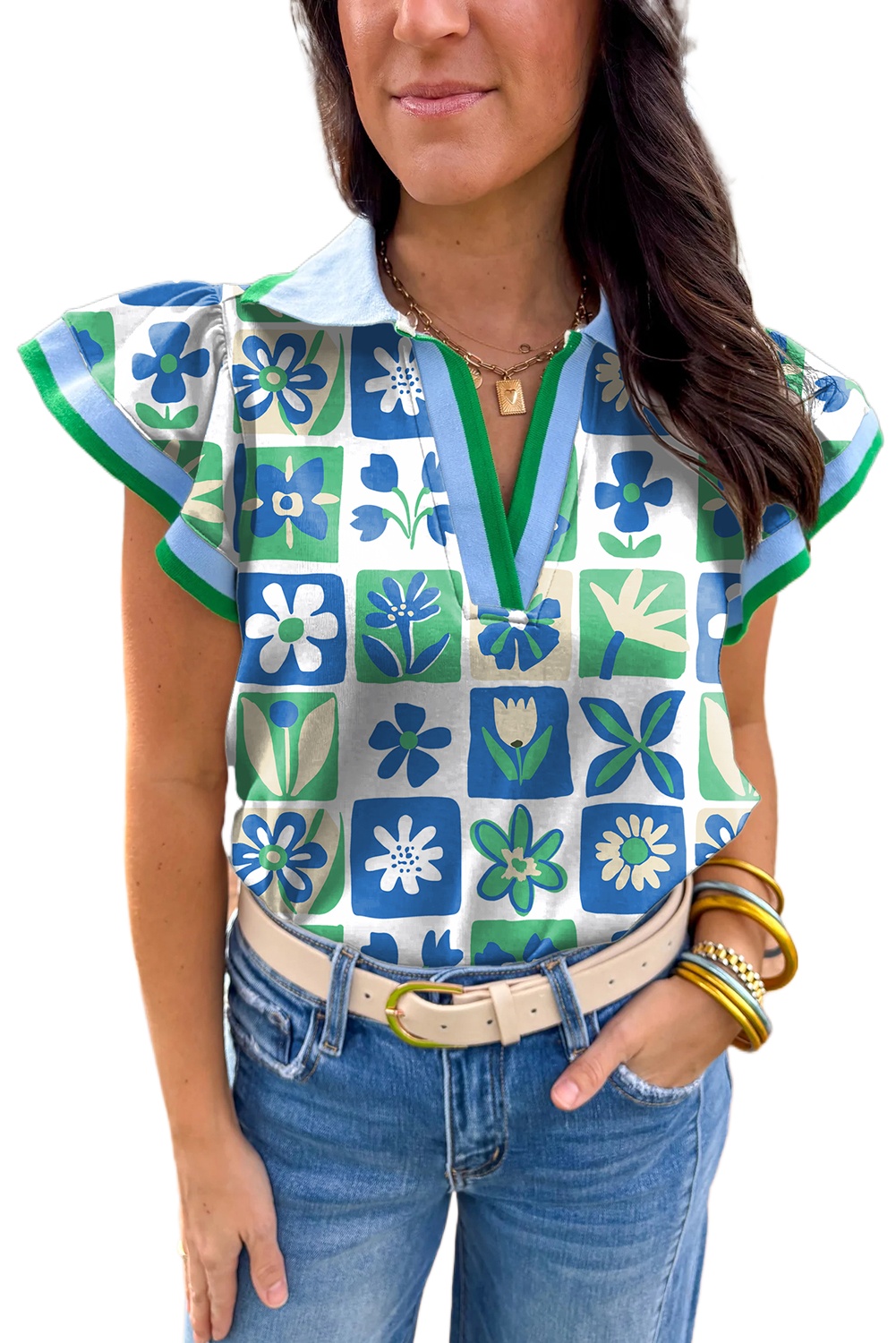 Women's Green Floral Plaid Colorblock Trim Collar Flutter Sleeve Blouse for Summer - Main View