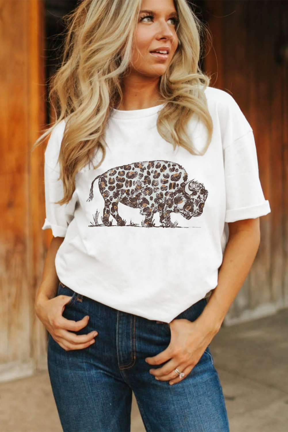 Stylish Leopard Print Graphic Tee with Bold Buffalo Design for Women - Detail View 6