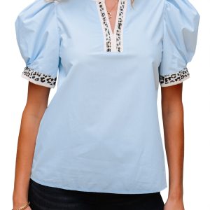 Women's Beau Blue Puff Sleeve Blouse with Contrast Leopard Trim and Split Neck - Main View