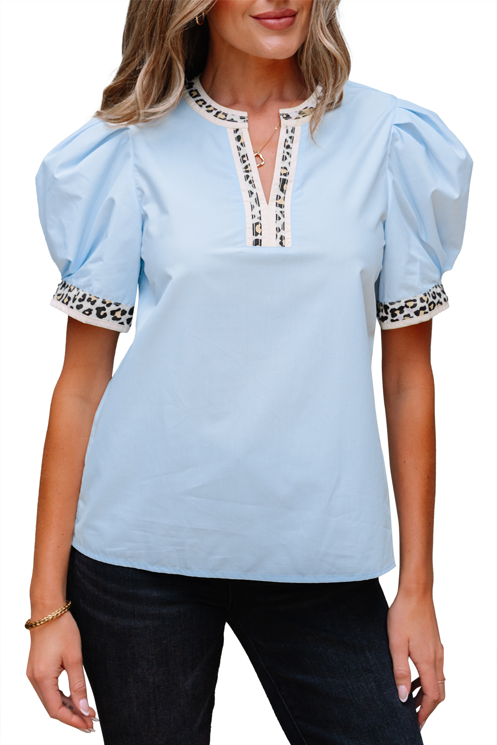 Women's Beau Blue Puff Sleeve Blouse with Contrast Leopard Trim and Split Neck - Main View