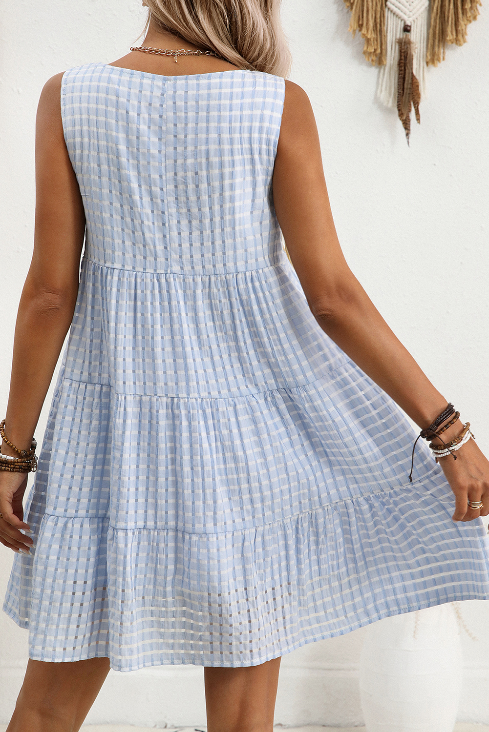 Cute and Flattering Light Blue Plaid Mini Sundress with Sleeveless Design - Detail View 2