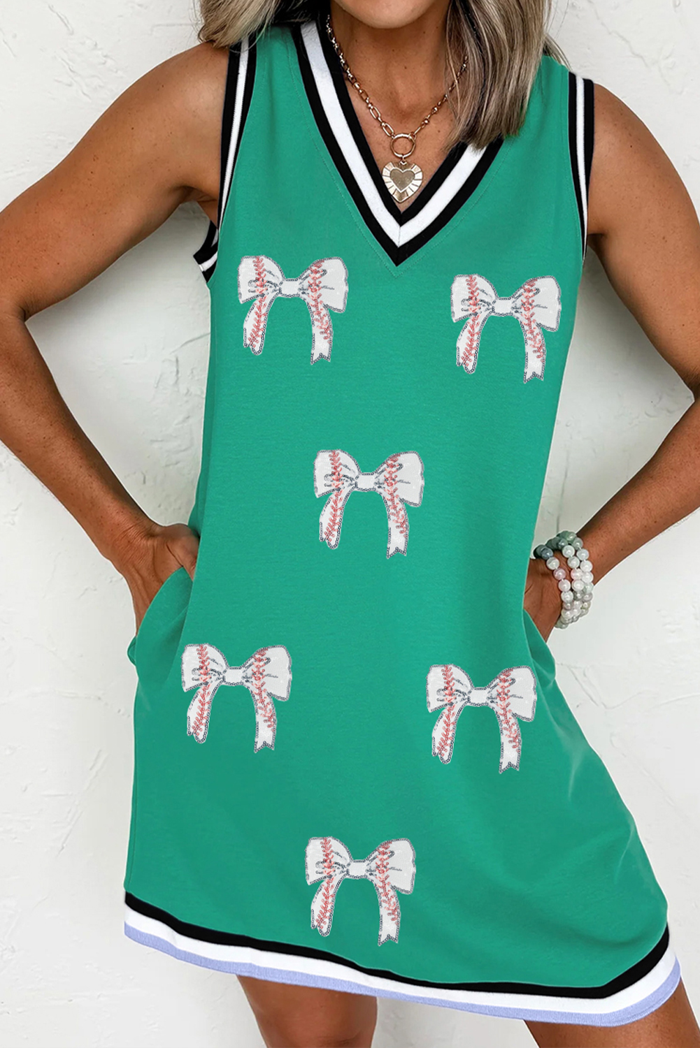 Stylish Sleeveless V Neck Tank Dress in Mint Green with Glitter Detail and High Waist - Detail View 7