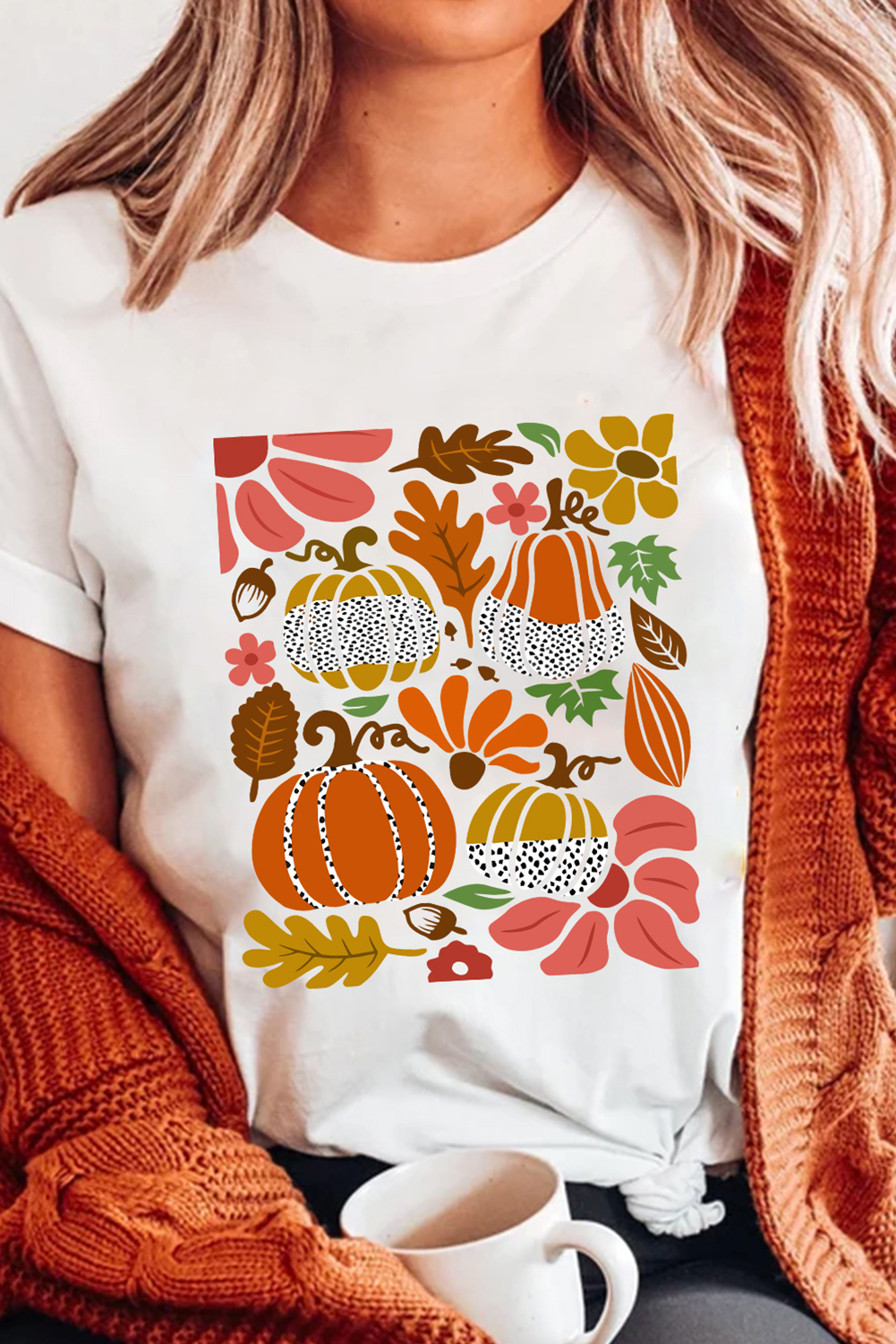 Relaxed Fit Cotton Blend T-Shirt with Pumpkin Floral Design for Daily Wear - Detail View 6