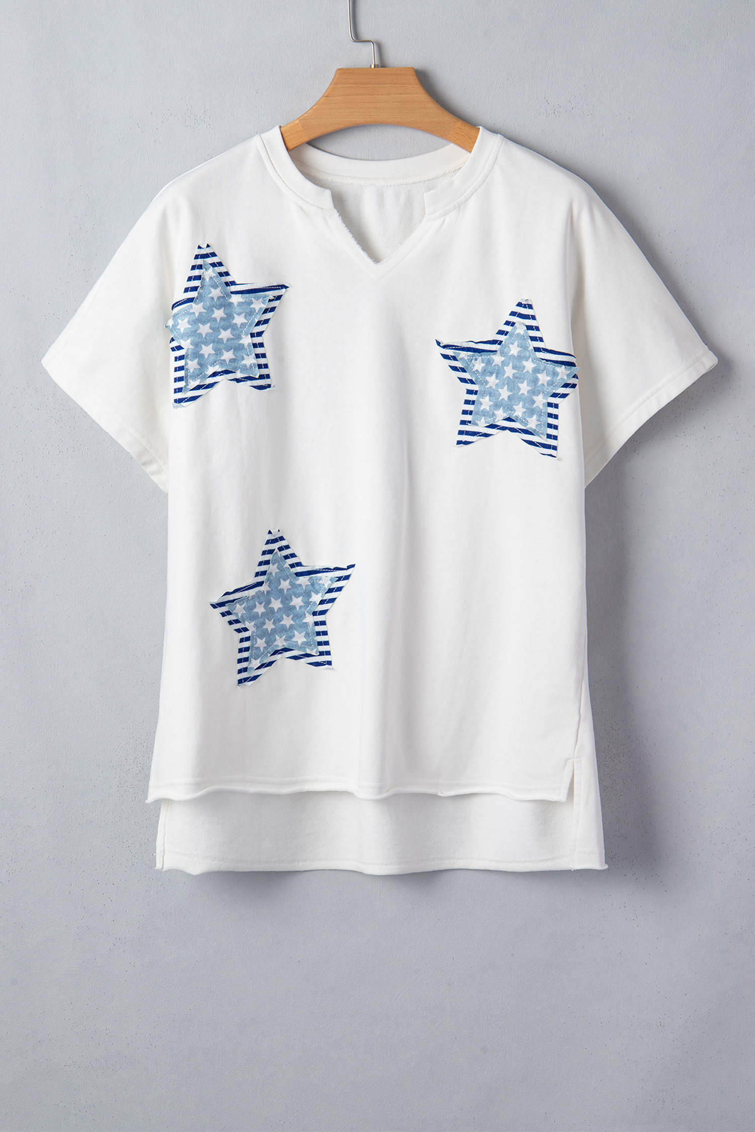 Women's Casual Short Sleeve Star Patch Tee – Mineral Washed V-Neck Top for Daily Wear - Detail View 6