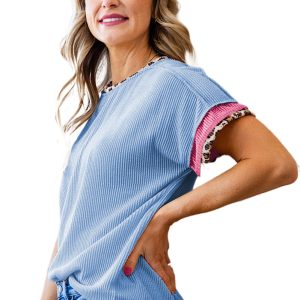 Women's Sky Blue Leopard Patchwork Corded Knit Crew Neck T-Shirt - Main View