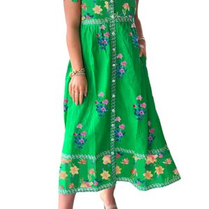 Women's Green Floral Print Midi Dress with Contrast Trim and Knotted Straps - Main View