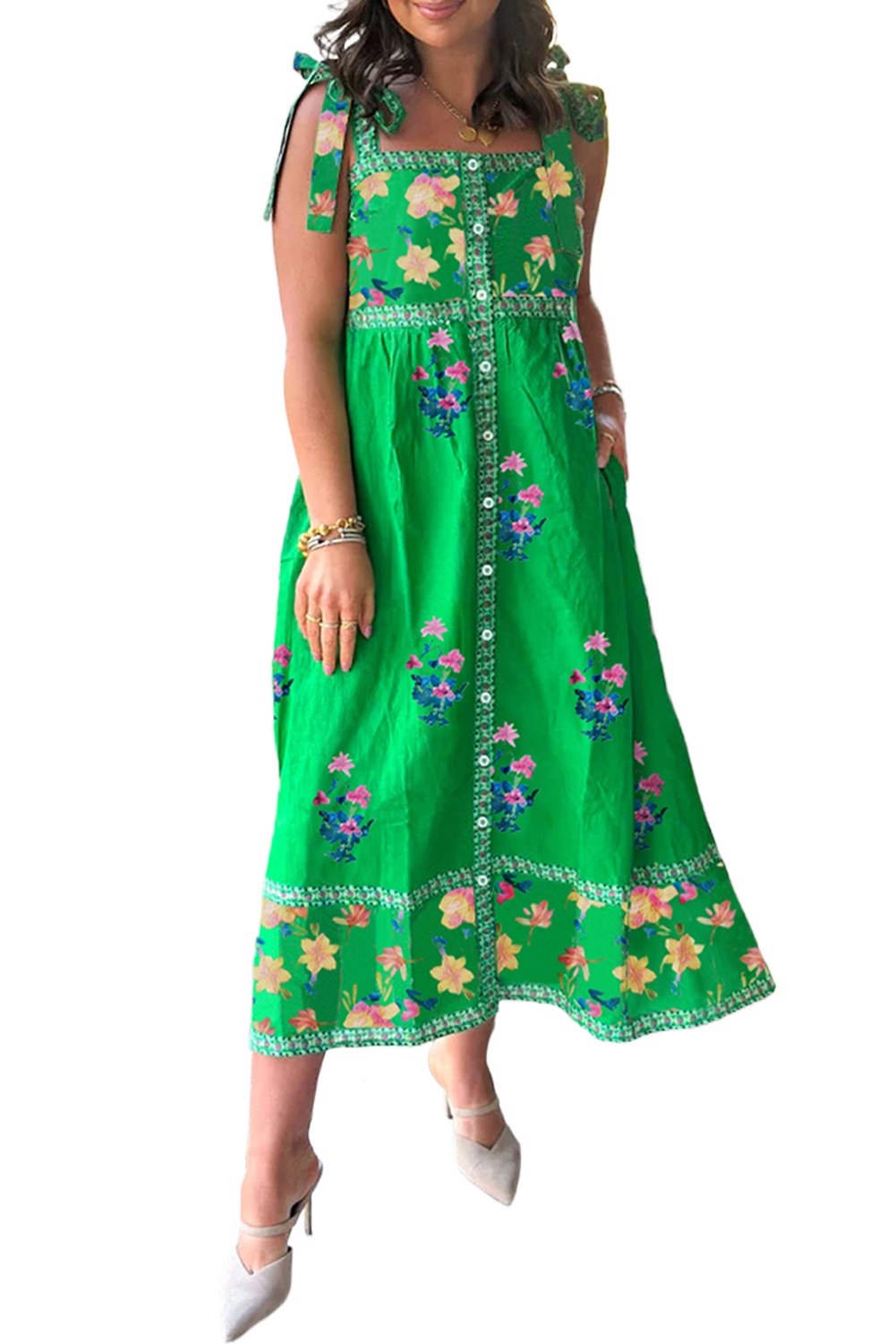 Women's Green Floral Print Midi Dress with Contrast Trim and Knotted Straps - Main View