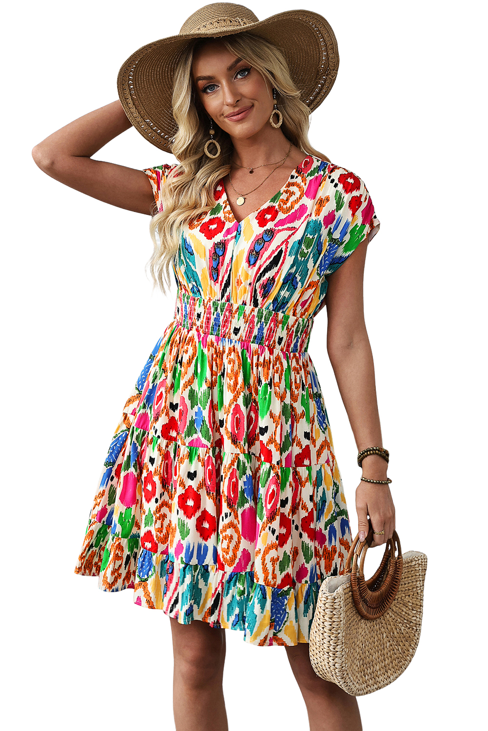 Women's Mini Dress, Sky Blue, Abstract Print, V Neck, Dolman Sleeve, Ruffle Tiered, High Waist, A-Line Silhouette, Summer Fashion, Bohemian Style, Comfortable Fit, Vacation Wear, Breathable Fabric, Playful Design, Stylish Dress - Detail View 16