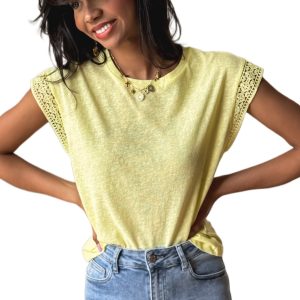 Women's Yellow Cream Lace Patchwork Cap Sleeve Round Neck T-Shirt for Casual Wear - Main View