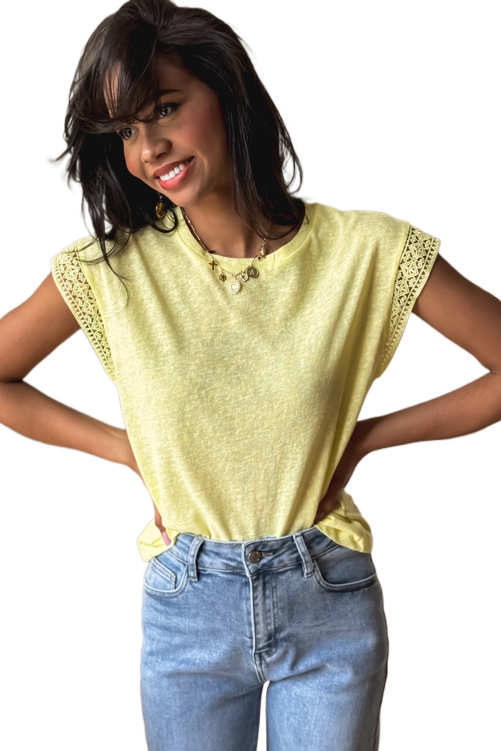 Women's Yellow Cream Lace Patchwork Cap Sleeve Round Neck T-Shirt for Casual Wear - Main View