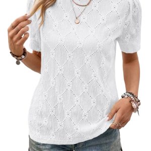 Women's White Flower Geometric Textured Button Short Sleeve Top - Chic and Comfortable - Main View