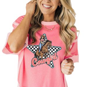 Women's Peach Blossom Cowgirl Checkered Star Print Exposed Seam T-Shirt - Main View