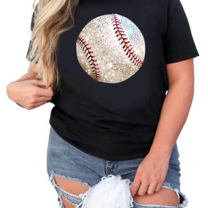 Women's Black Graphic T-Shirt with Realistic Baseball Print - Soft Cotton Blend - Main View