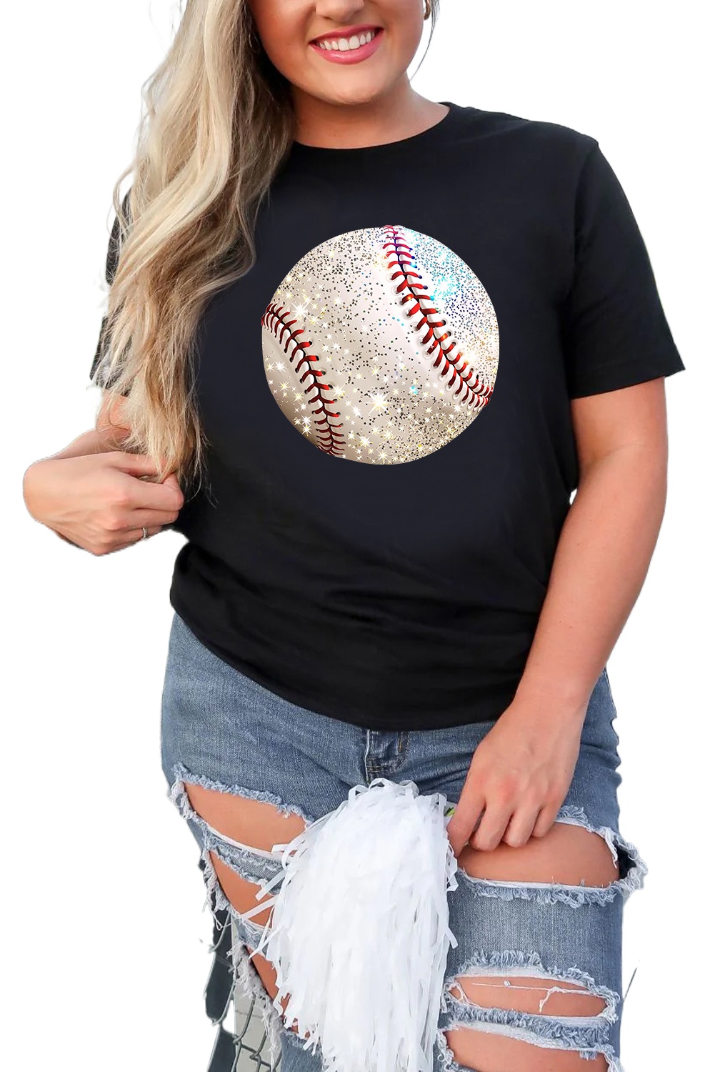 Women's Black Graphic T-Shirt with Realistic Baseball Print - Soft Cotton Blend - Main View
