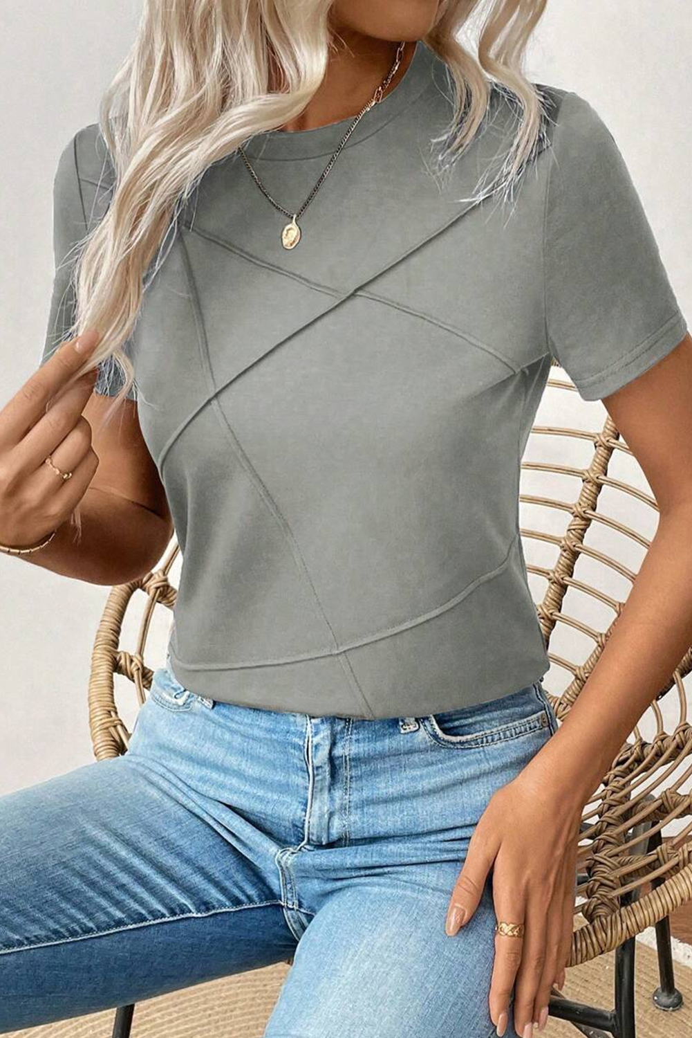 Women's Medium Grey Solid Color Toothpick Stripe Round Neck T-Shirt - Detail View 5