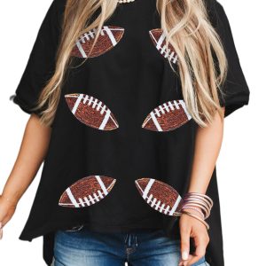 Women's Black Sequin Rugby Football Patched Crewneck Loose T-Shirt - Main View