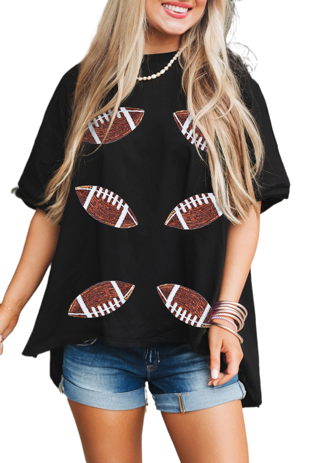 Women's Black Sequin Rugby Football Patched Crewneck Loose T-Shirt - Main View
