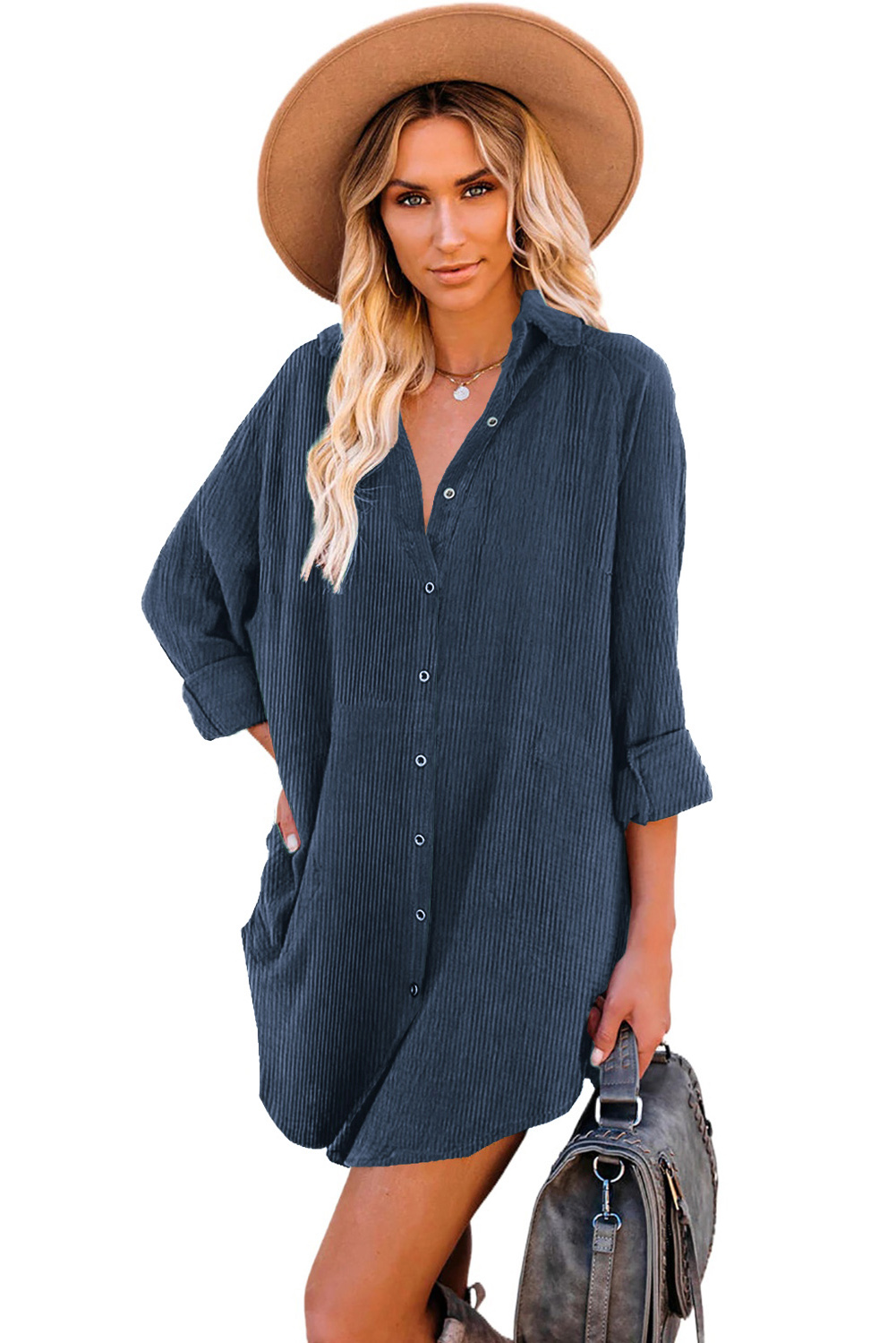 Women's Blue Corduroy Shirt Style Full Button Long Sleeve Mini Dress - Detail View 9