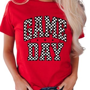 Women's Red Checkered Game Day Graphic T-Shirt - School Spirit Tee - Main View