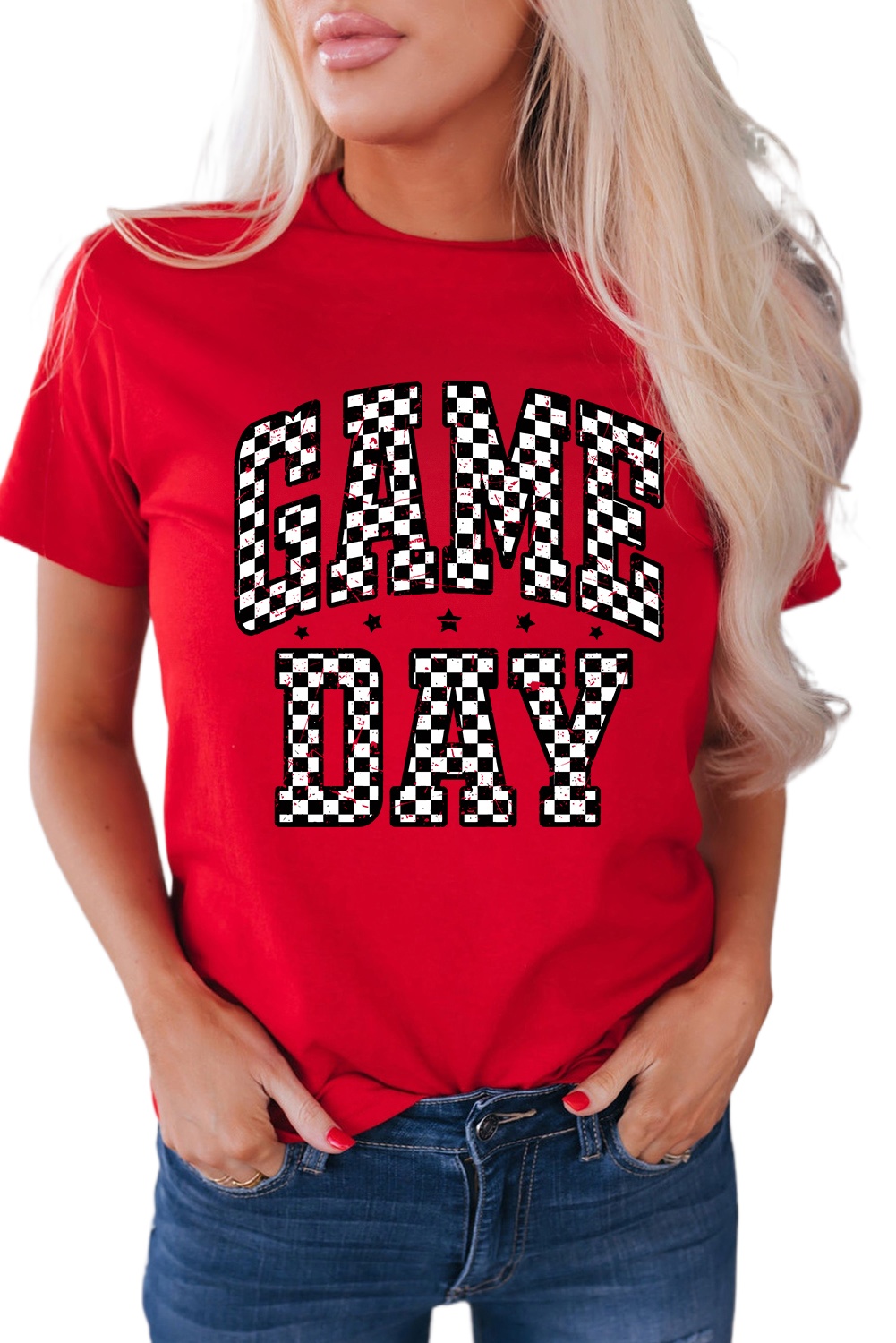 Women's Red Checkered Game Day Graphic T-Shirt - School Spirit Tee - Main View