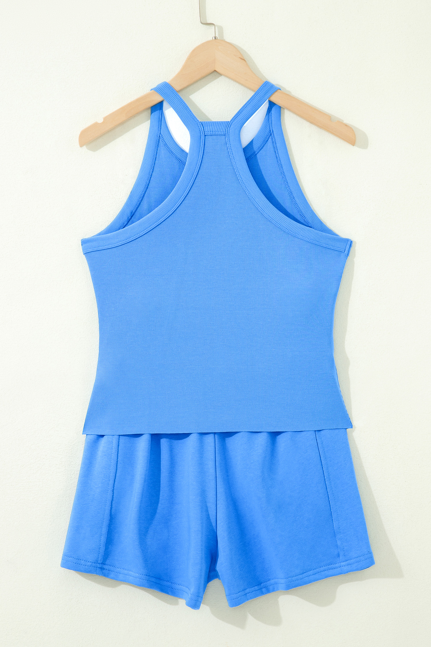 Chic Sky Blue Women's Two Piece Set – Slim Fit Tank and High Waisted Cotton Blend Shorts - Detail View 6
