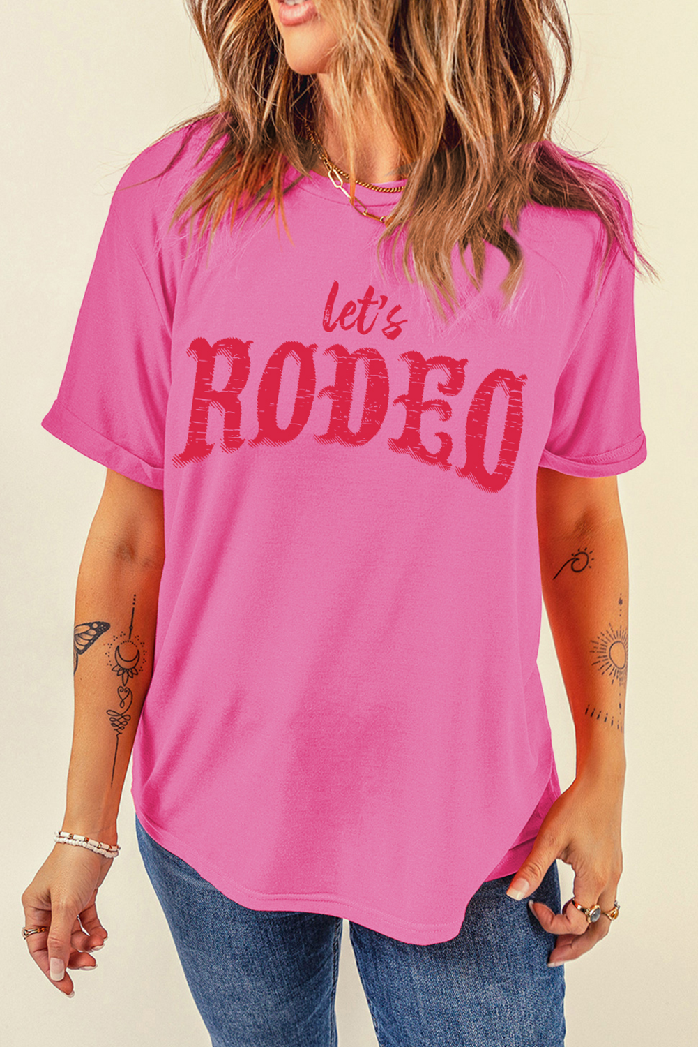 Trendy Round Neck Graphic Tee for Women - Soft Cotton Blend 'Let's Rodeo' Print in Rose Red - Detail View 6