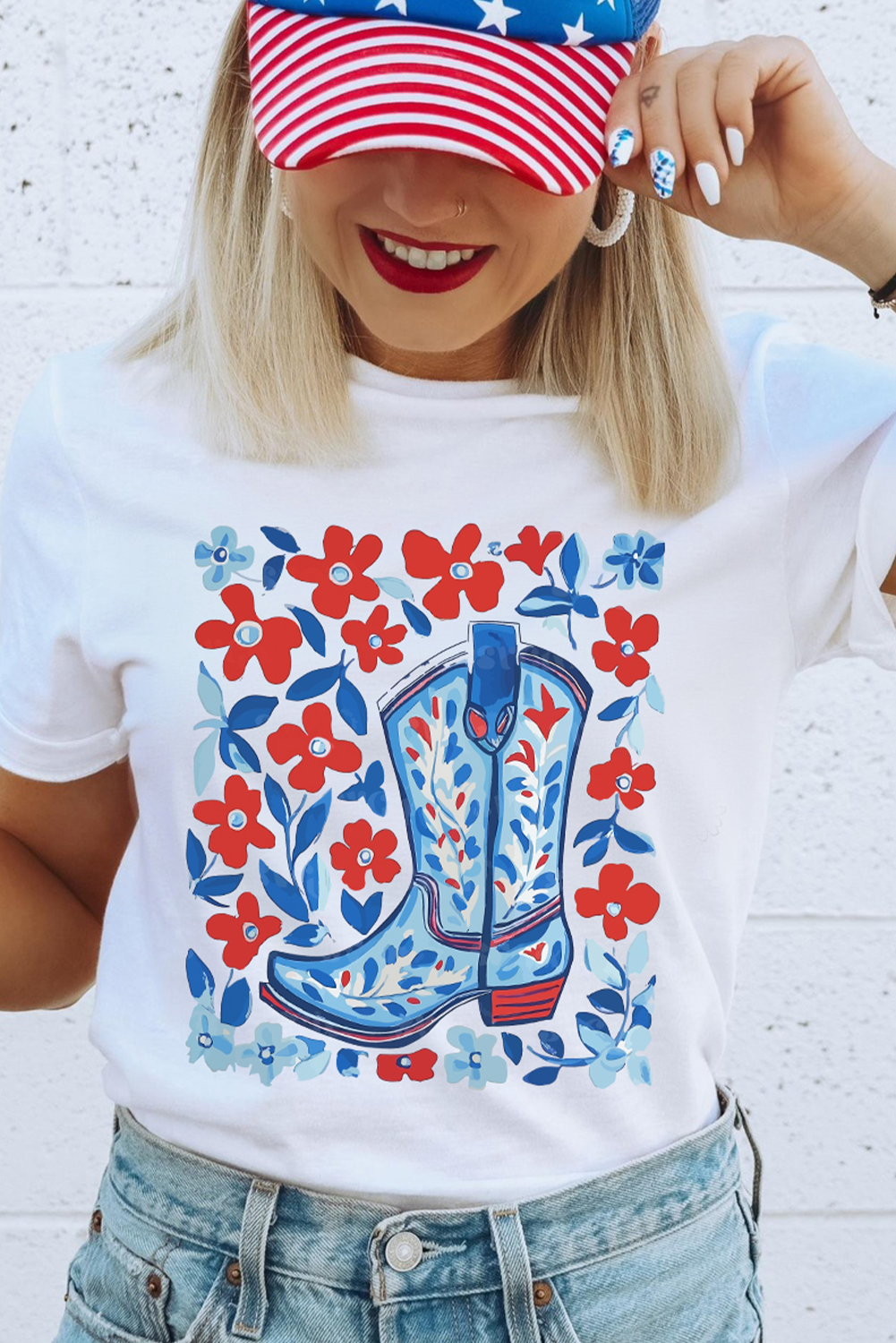 Women's White Floral Western Boots Graphic T-Shirt - Casual & Stylish - Detail View 5