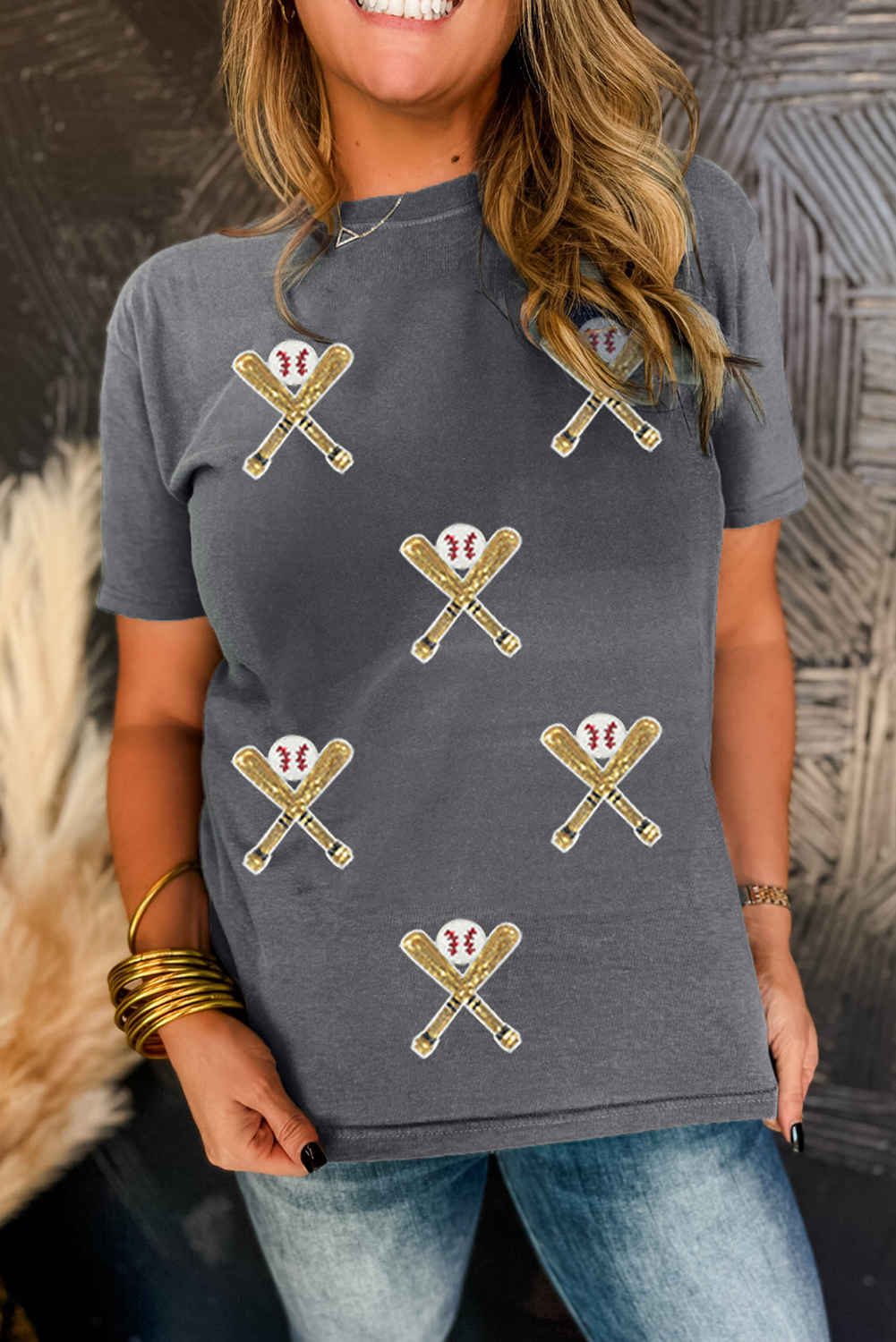 Stylish Gray Casual Tee with Sequined Baseball and Crossed Bats Design - Detail View 6