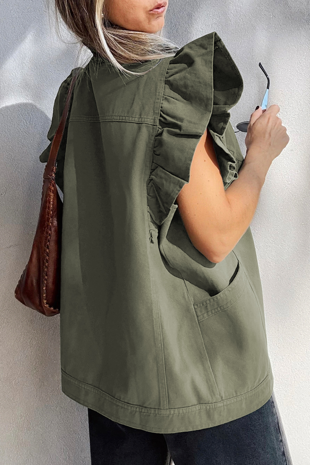 Fashionable 100% Cotton Green Denim Jacket Vest with Metal Button Closure - Detail View 3