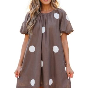 Women's Brown Polka Dot Mini Dress – Puff Sleeve Knot Back Summer Shift Dress, Casual Southern Belle Style - Main View
