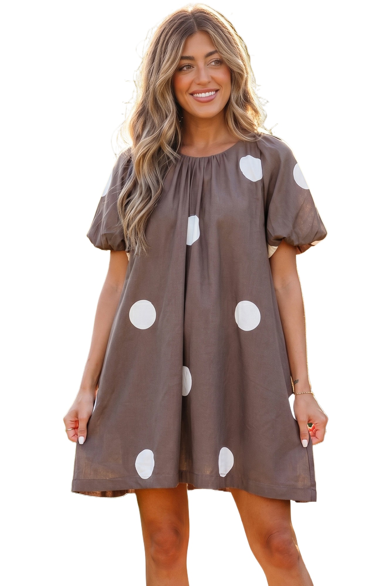 Women's Brown Polka Dot Mini Dress – Puff Sleeve Knot Back Summer Shift Dress, Casual Southern Belle Style - Main View