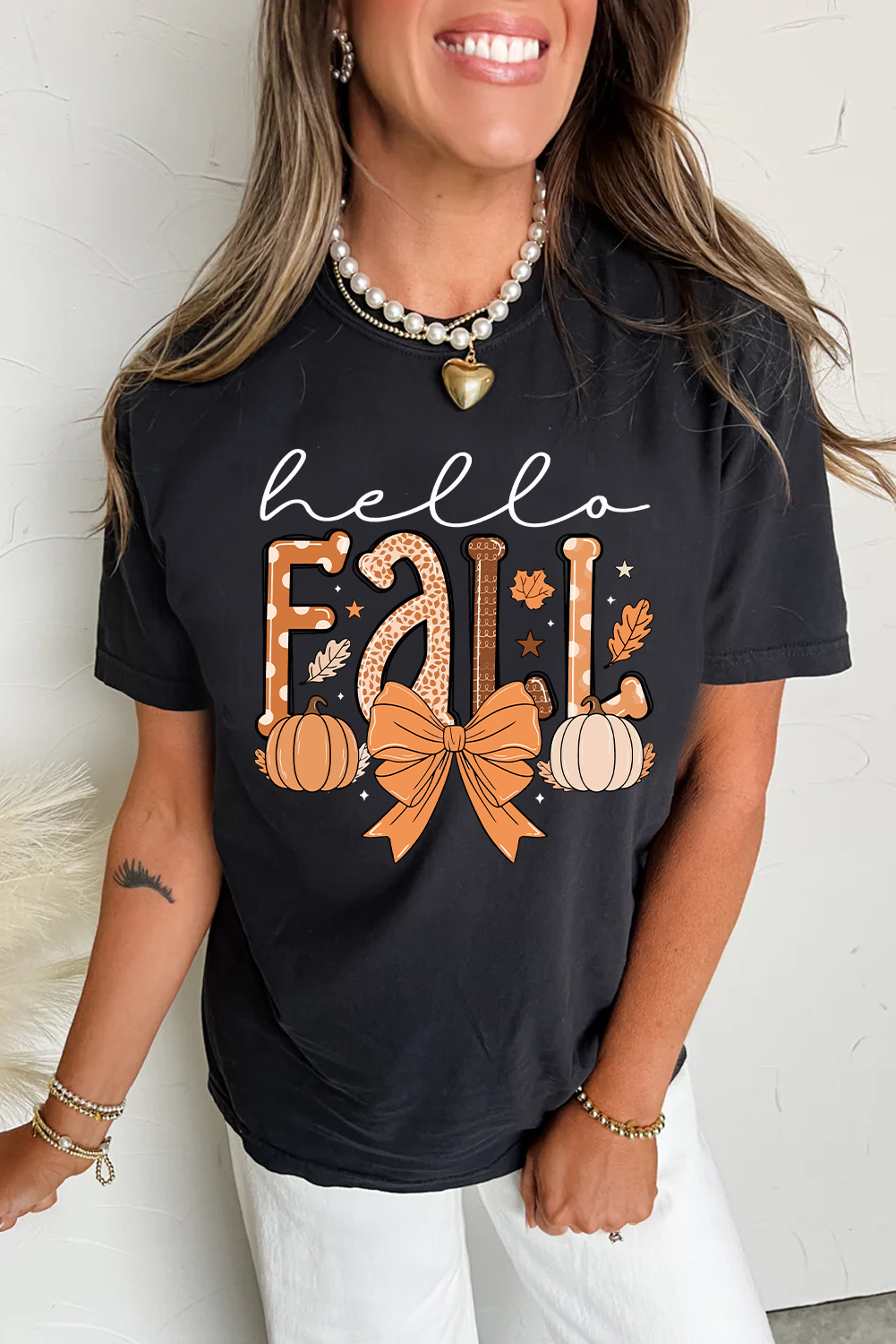 Women's Black Hello Fall Thanksgiving Bow Pumpkin Graphic Tee - Detail View 5