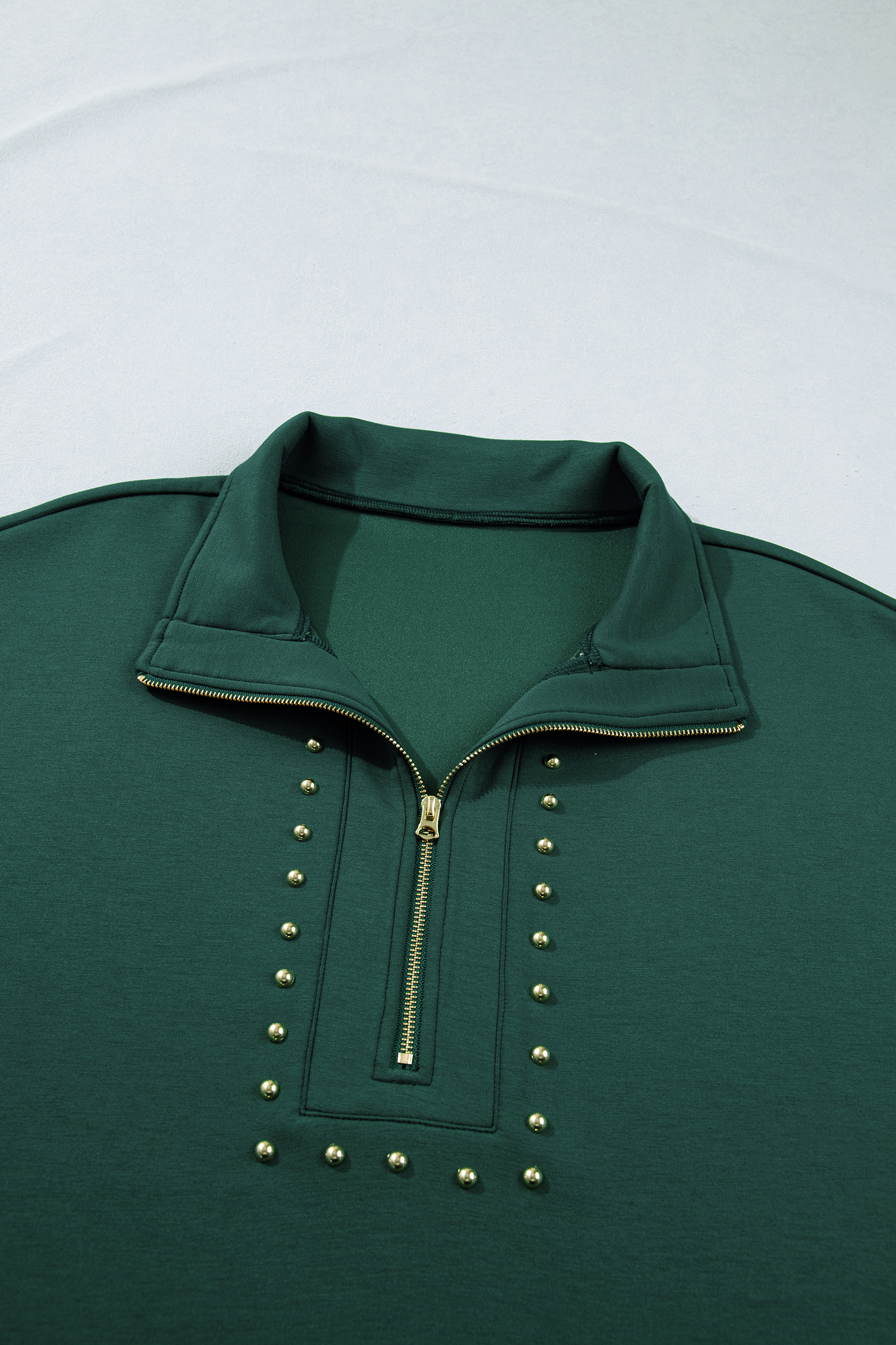 Chic Studded V-Neck Mini Dress for Women – Evergreen Zip Front Short Sleeve T-Shirt Dress, Casual Daily Wear - Detail View 5