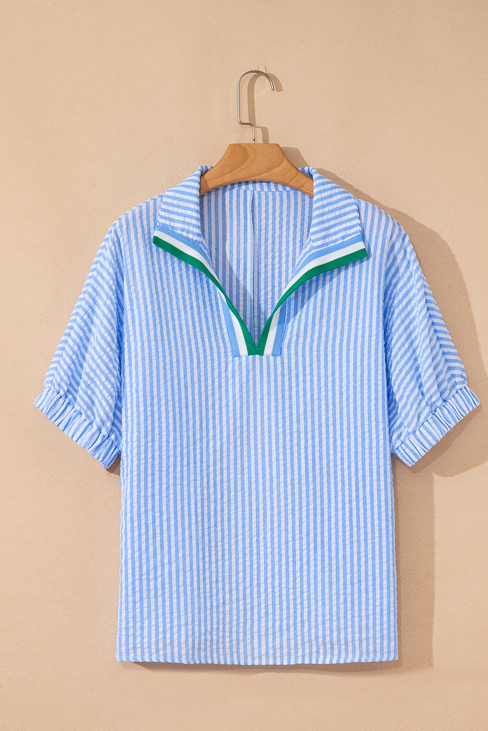 Women's Sky Blue Striped Print Dolman Sleeve Blouse with Split Neck - Detail View 5
