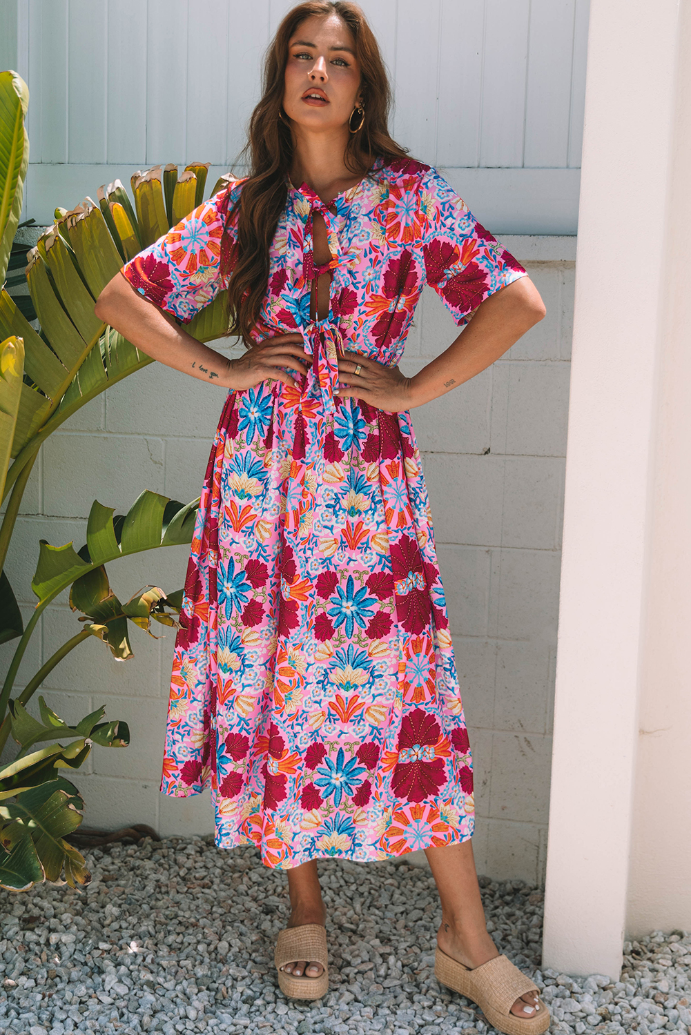 Charming Floral Pattern Long Dress with Tied Detail - Perfect for Summer Vacations - Detail View 6