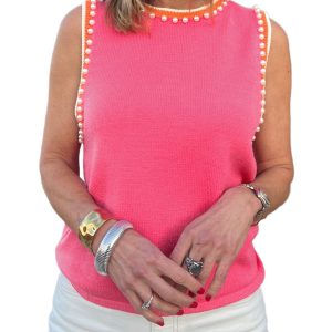 Women's Bright Pink Sweater Tank Top with Contrast Trim and Pearl Detail - Main View