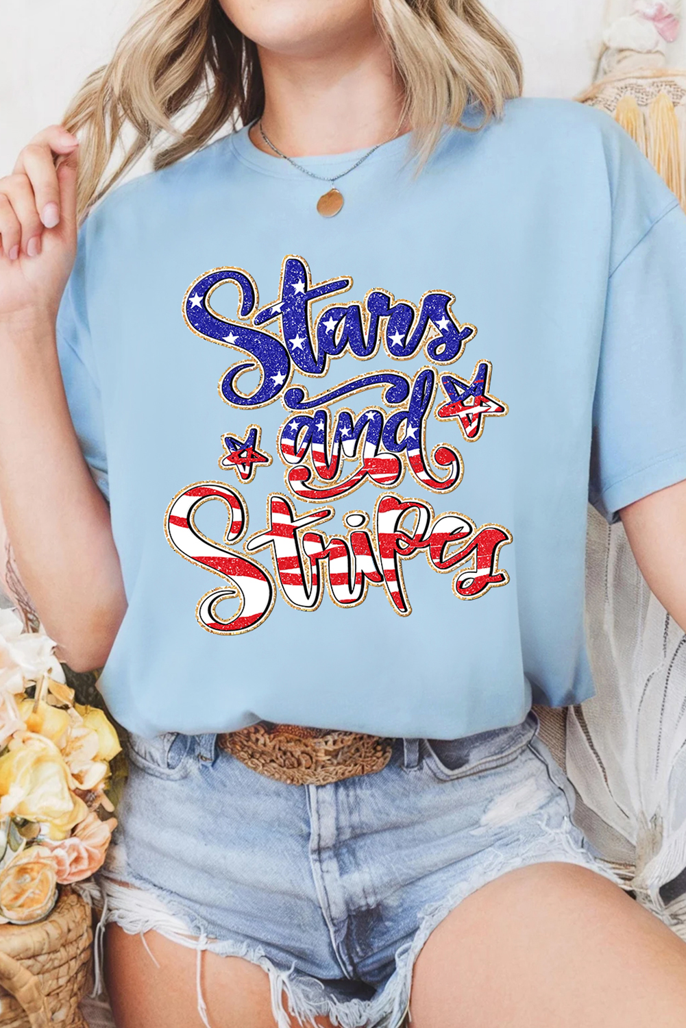 Women's Light Blue Stars and Stripes Graphic Tee - July 4th Patriotic Shirt - Detail View 5