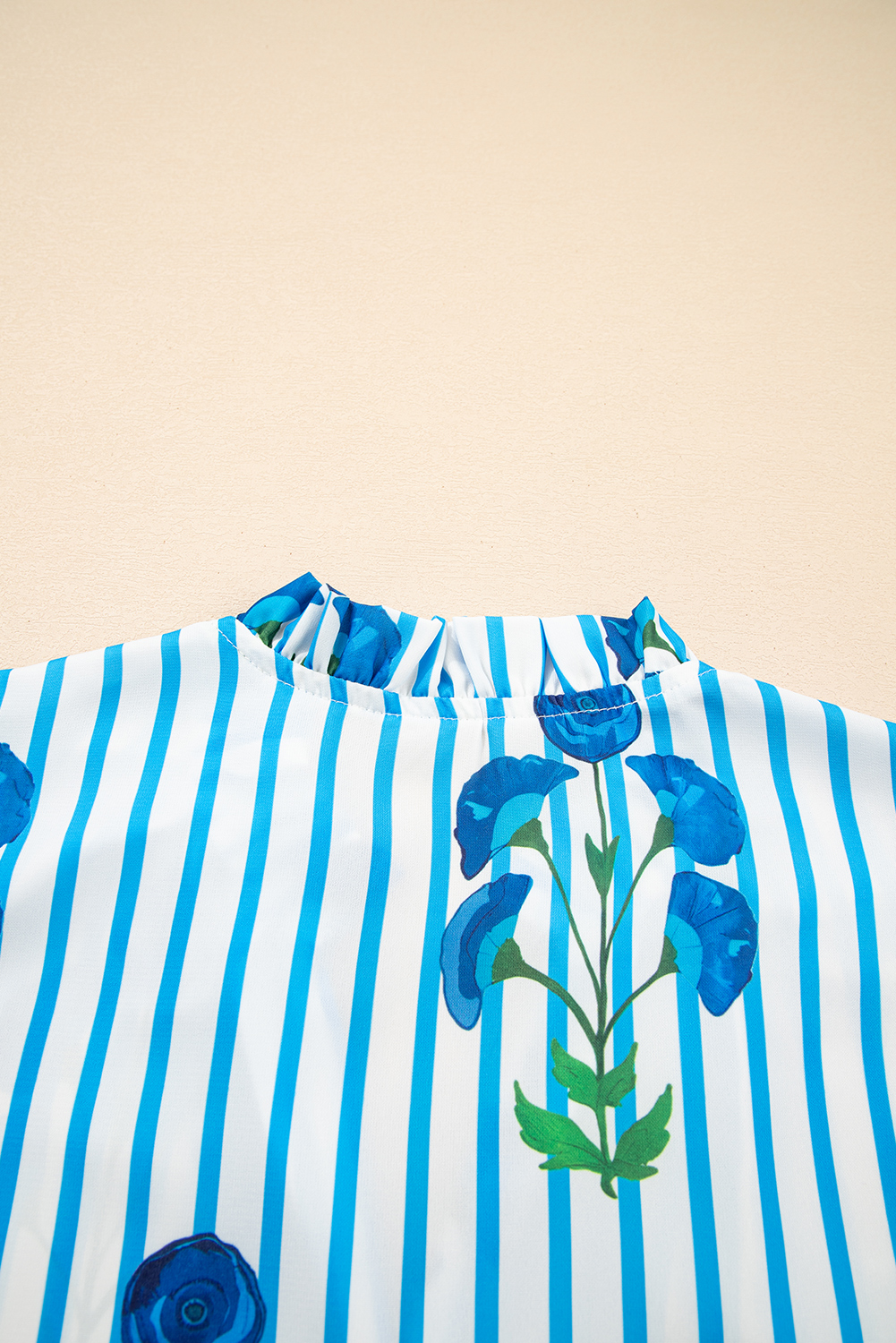 Women's Blouse, Sky Blue Stripe, Floral Print, Puff Sleeve, Frilly Notched Neck, Summer Fashion, Casual Wear, Daily Outfit, Trendy Top, 100% Polyester, Boho Style, Comfortable Fit, Stylish Design - Detail View 8