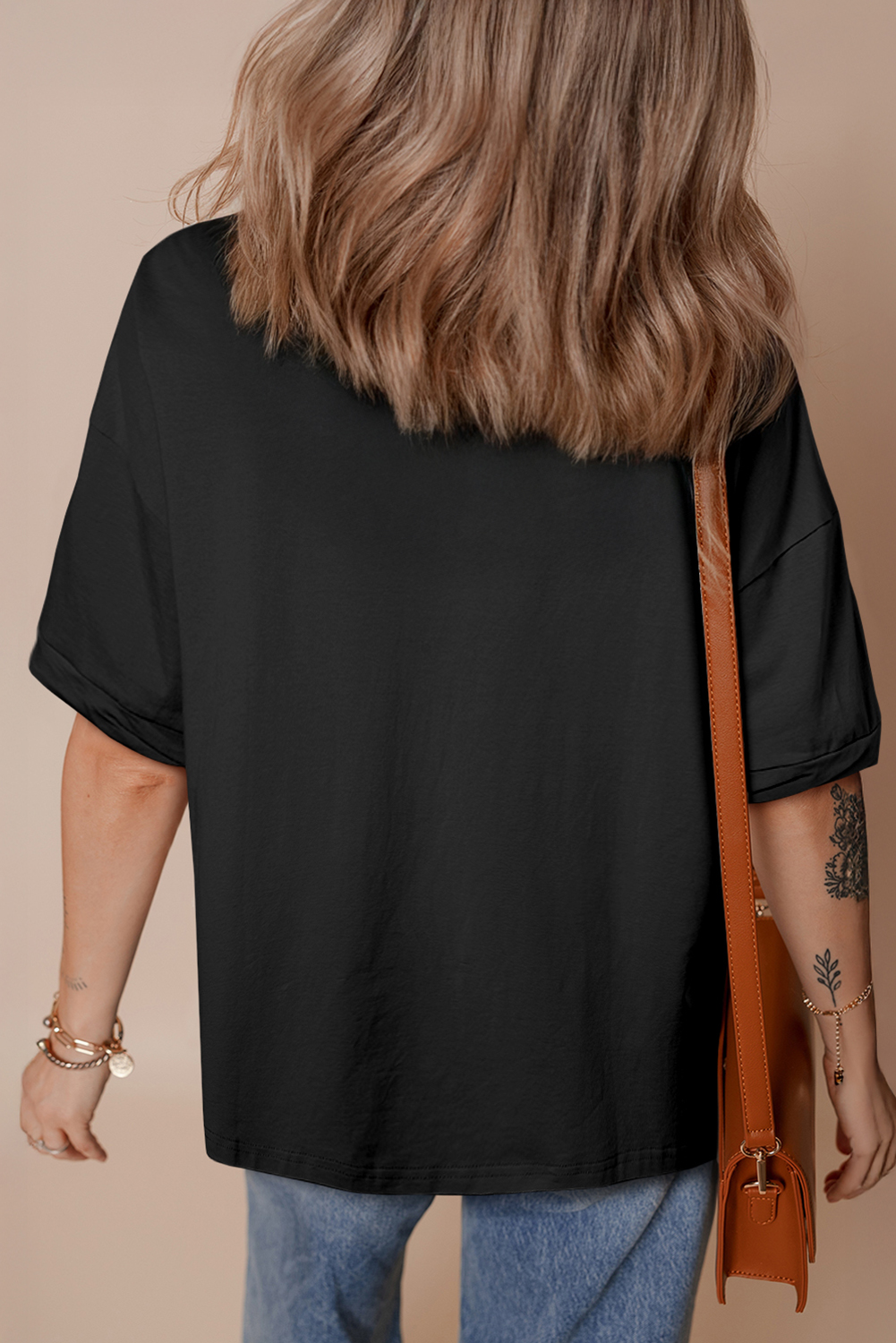 Casual Black Graphic Tee with Eye-Catching Sequin Rugby Patches - Detail View 6