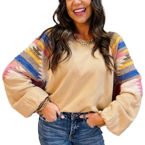 Women's Light French Beige Aztec Patchwork Raglan Pullover Sweatshirt - Main View
